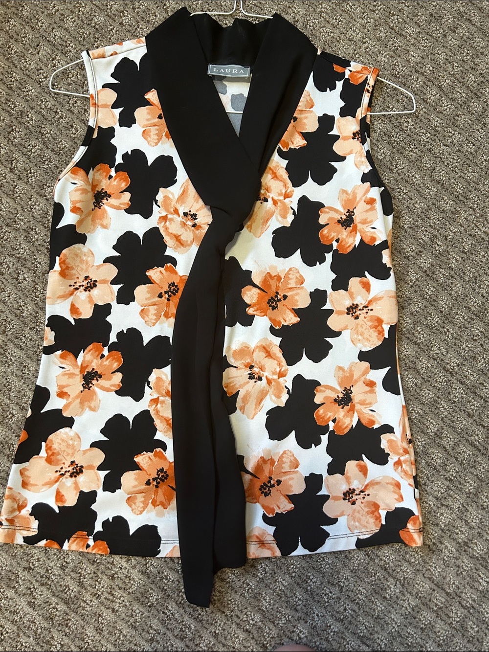 Laura Floral Tie-Scarf Sleeveless Camisole in Peach, Black & White
